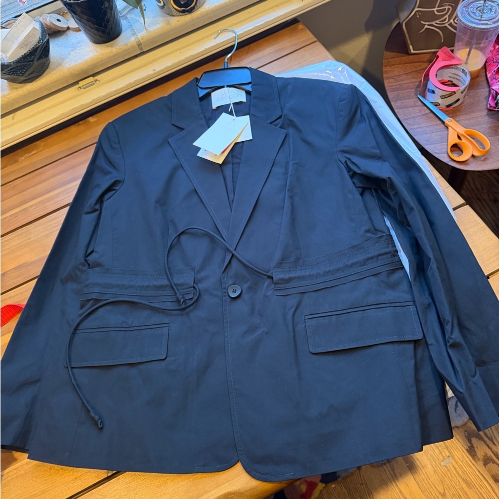 Ulla Johnson Marisol Cotton Drawstring-Waist Blazer with Flap Pockets NWT Noir